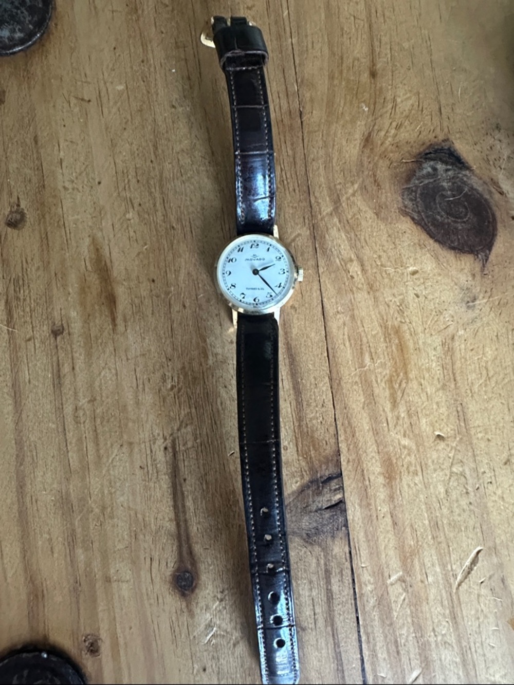 Tiffany & Co. Gold-Tone Case Watch with White Dial and Brown Strap